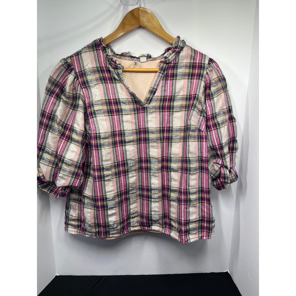 Cato Pink Metallic Plaid Ruffle V-Neck Puff Sleeve Blouse Medium
